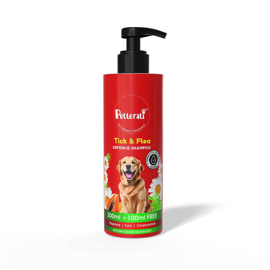 Petterati Tick & Flea Defence Dog Shampoo | Papaya, Tulsi & Chamomile | Prevents Ticks & Fleas, Soothes Skin | 200Ml + 100Ml Fre