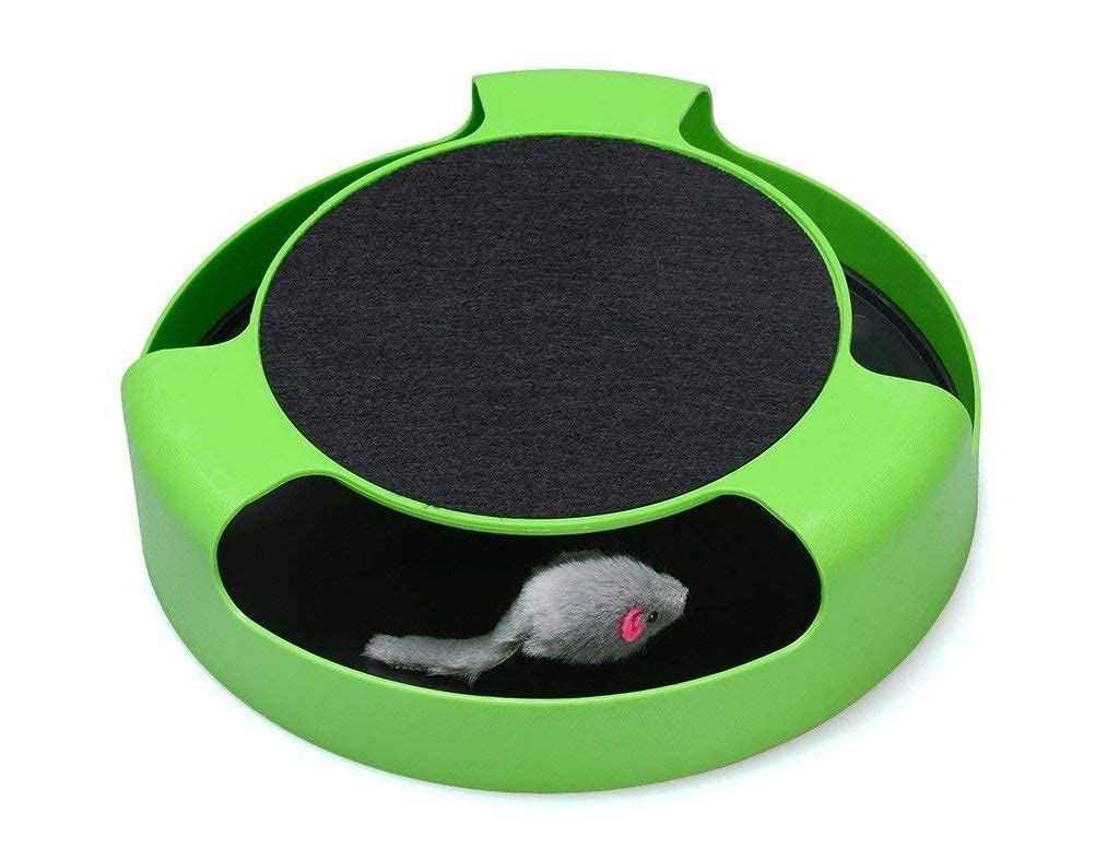 Kittupet Interactive Catch The Mouse Moving Cat Toy  Round Spinning Scratcher Pad With Catnip & 1 Replaceable Running Mice, Eng