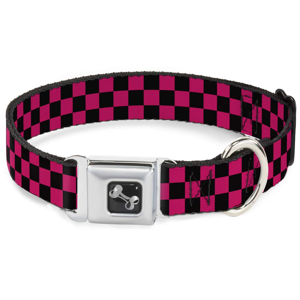 Buckle-Down Seatbelt Buckle Dog Collar - Checker Black/Neon Pink - 1' Wide - Fits 11-17' Neck - Medium