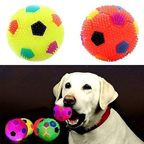 PET FUN LED Flashing Dog Chew Toy Ball  Rubber Spike Squeaky Football Shape Toy for Dogs, Interactive Chewing & Teething Toy fo