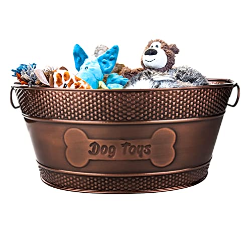 Metal Indestructible Dog Toy Bin - Copper Galvanized Storage Bin with Handles, Organizer Storage Basket for Pet Toys, Blankets, 