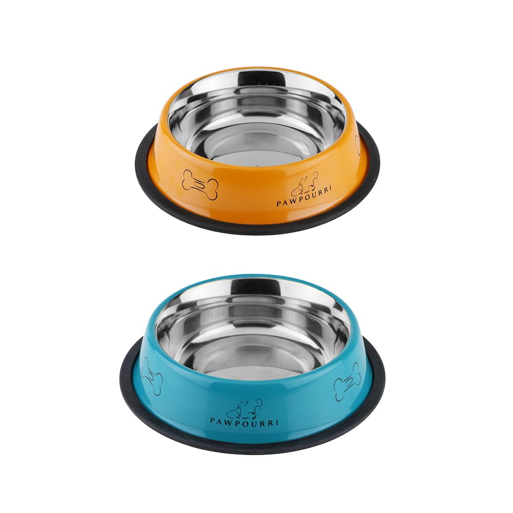Pawpourri Combo Of AntiSkid Feeding Bowls For Dogs, Cats & Puppy Pet Bowl Pack 2 Stainless Steel Pet Bowl (700 Ml Each, Blue & 