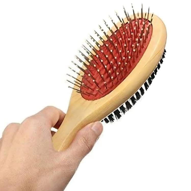 Pups&Pets 2 In 1 Nylon Bristles & Rounded Pins With Wooden Handle Dog, Cat, Puppy Pet Grooming Brush For Large And Adult Dogs Of