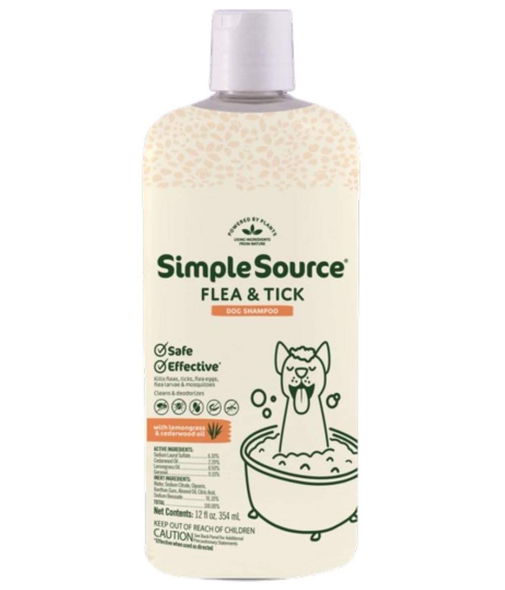 SimpleSource Flea & Tick Shampoo for Dogs, Powered by Plants, Kills Fleas, Flea Eggs, Flea Larvae, & Ticks, & Mosquitos, Cleans 