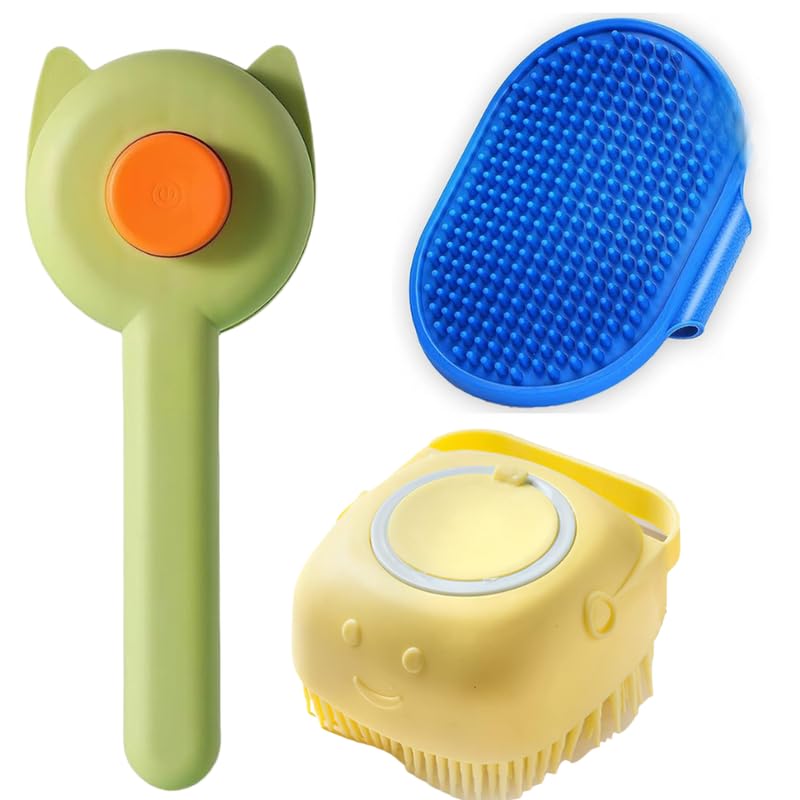 Bohobark 3In1 Pet Grooming Brush Set For Dogs & Cats | Silicone Bath Brush + Hair Remover Comb + Soft Bristle Bath Brush | She
