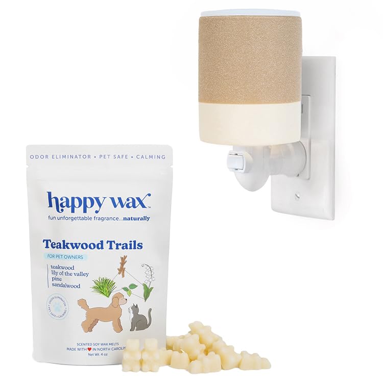 Happy Wax Earth Outlet Warmer with 4 oz Pouch of Teakwood Trails Wax Melts for Pet Owners  Odor Eliminating for Unwanted Smells