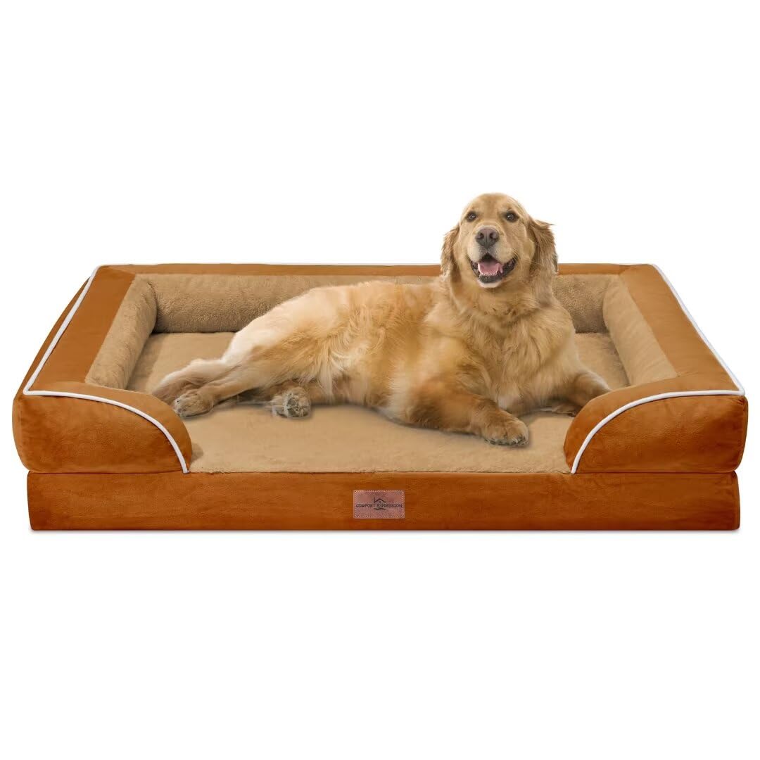 Comfort Expression Xl Dog Beds, Waterproof Dog Bed With Bolster, Extra Large Dog Beds Orthopedic, Washable Dog Bed Sofa Pet Bed With Removable Cover & Non-Slip Bottom(X-Large,Caramel)