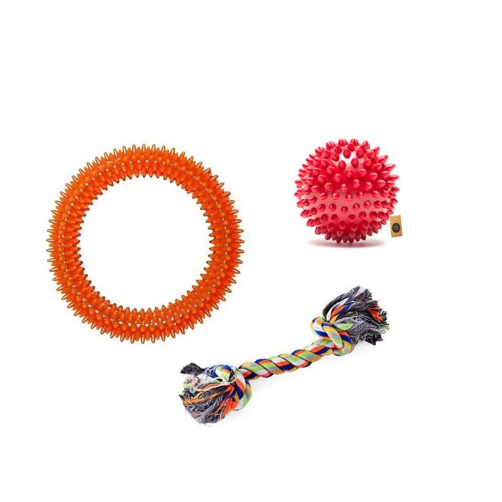 The Pets Company Rubber Dog Chew Toy Combo ( Dog Spike Ball 3 + Spike Ring Toy 6+ Cotton Rope Bone 6) | Teething Toys For Pup
