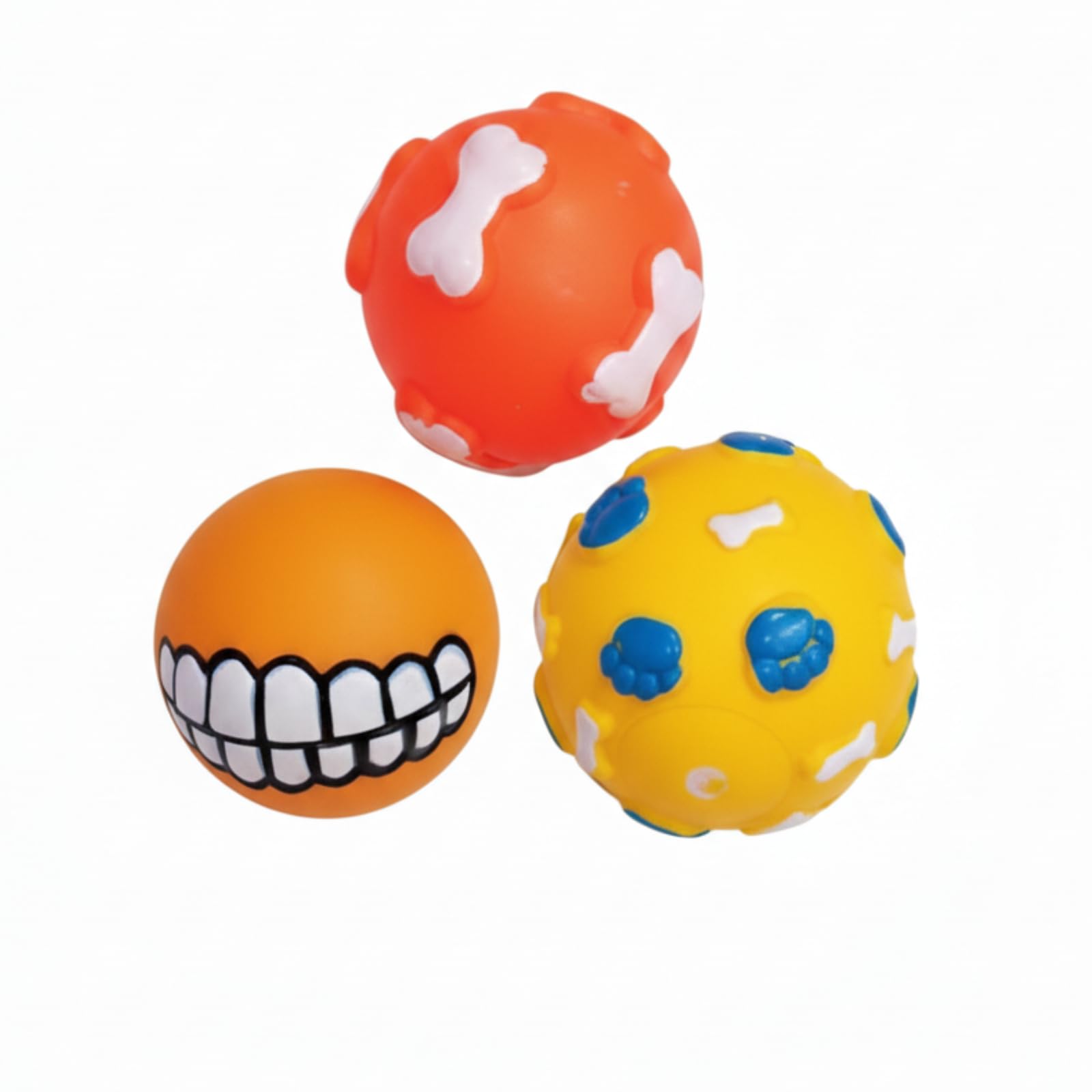 BohoBark Interactive Squeaky Dog Play Ball Set  3 Pack of Durable Anti Bite Rubber Pet Toys with Fun Teeth, Bone & Paw Prints 