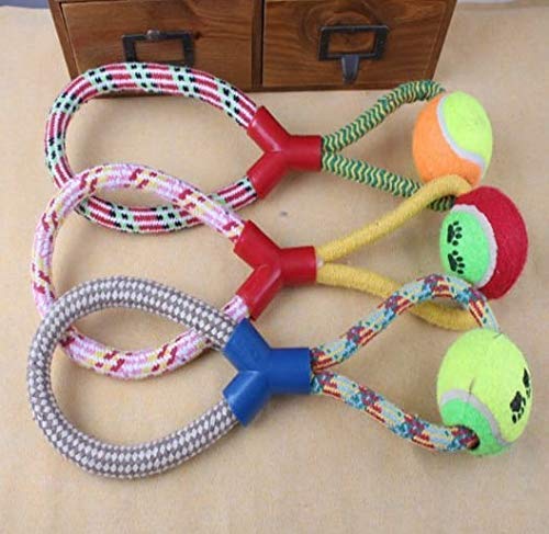 Psk Pet Mart Pets Non Toxic Cotton Durable Molars Chew Toy With Tennis Ball For Puppy/Cat, 26 Cm, Multicolour