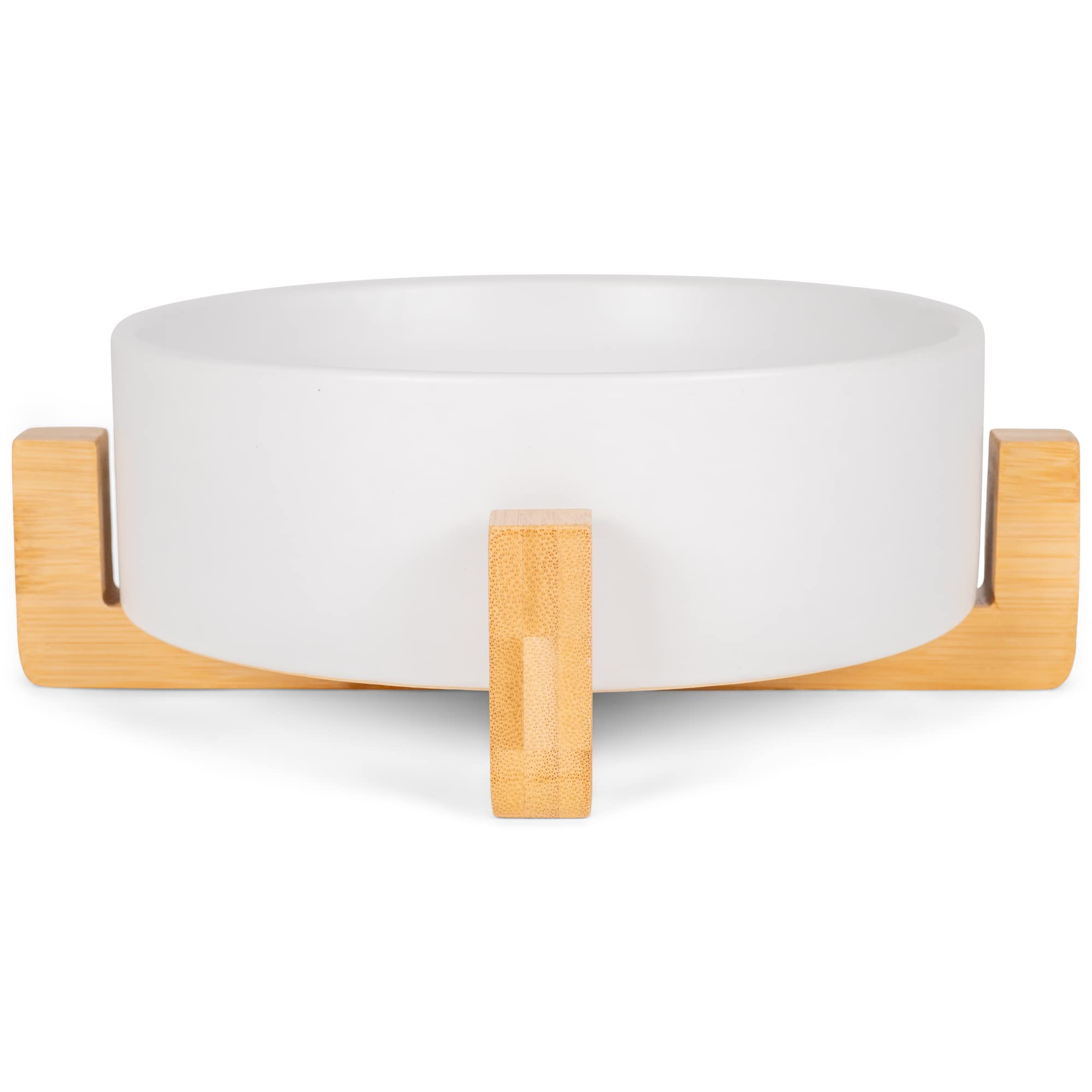 Nat & Jules Large White 8 Inch Stoneware Ceramic And Wood Pet Bowl With Stand