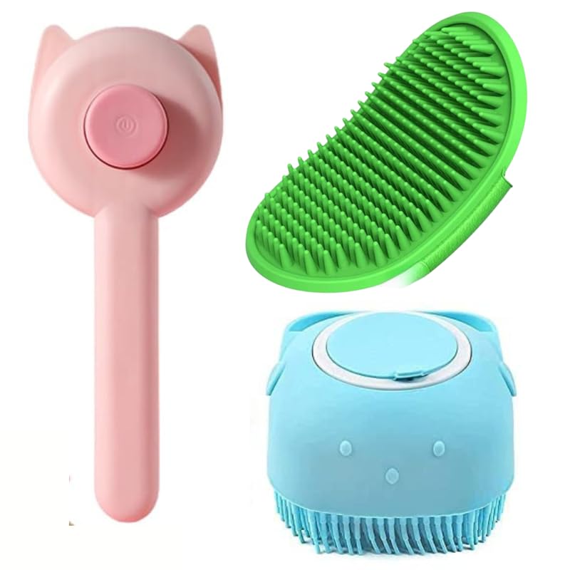 Bohobark 3Pcs Pet Grooming Set Self Cleaning Slicker Brush Pets Long Short Hair Brushes Removes Massage Rubber Bath Shampoo Wash