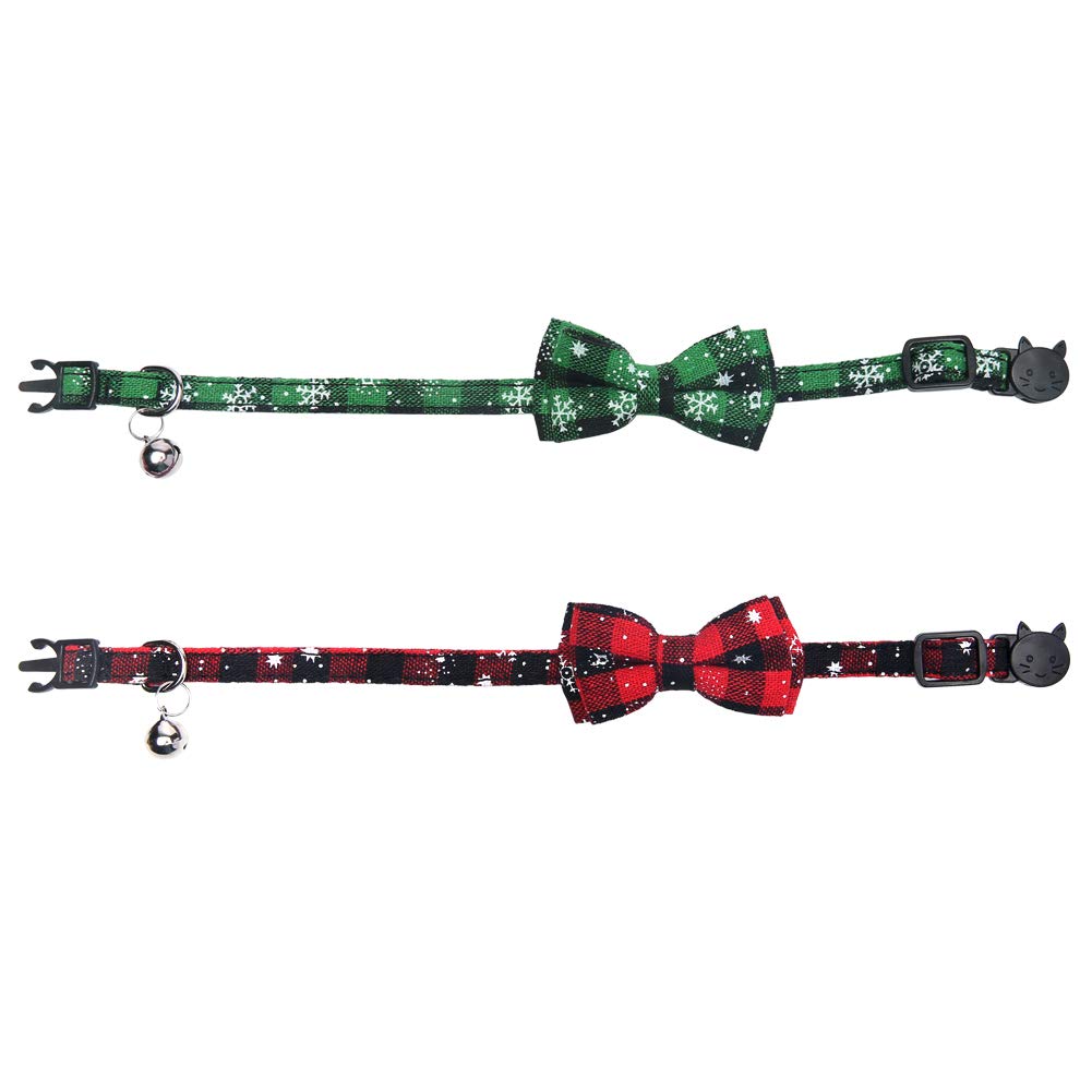 Lamphyface 2 Pack/Set Christmas Cat Collar Breakaway With Cute Bow Tie And Bell For Kitty Adjustable Safety Plaid