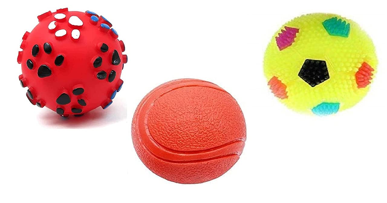 Dog Trust Dog Ball And Squeaky Toys 3 In 1 Combo For Dogs Puppy Cats (Paw Print+Hard Rubber Ball+Led Ball) Multicolor