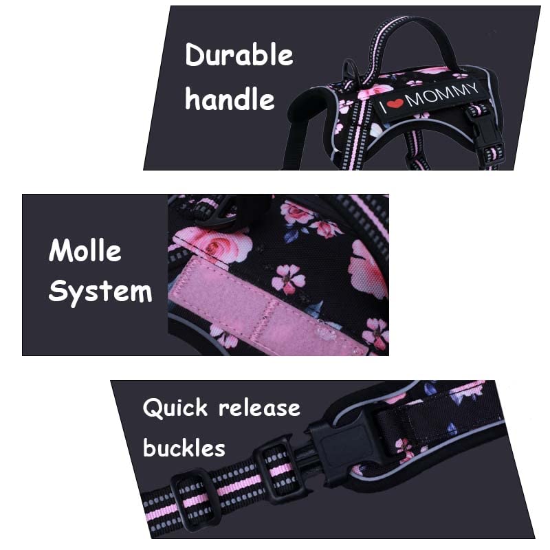 Foxyep Tactical Dog Harness - MOLLE Vest for Small Dogs, No Pull, Adjustable, Reflective Strap, XS, Pink Floral