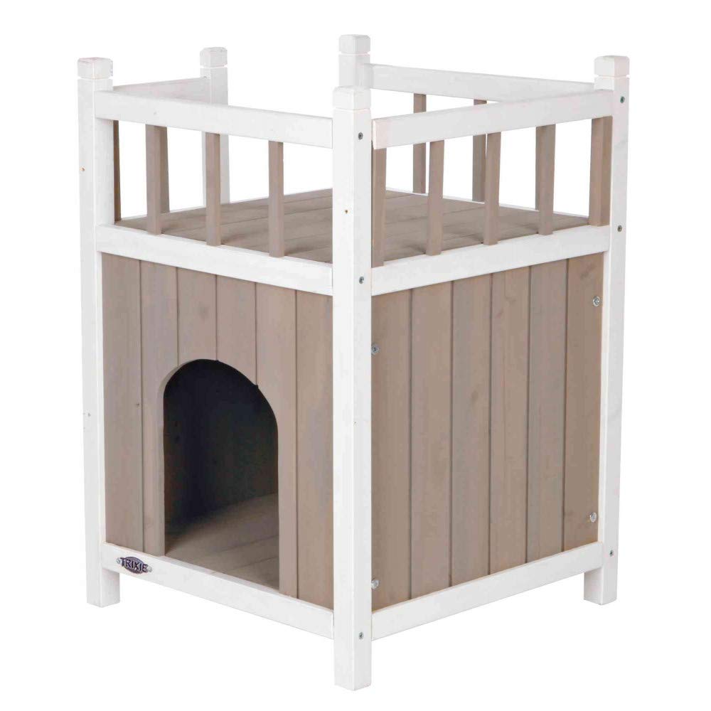 TRIXIE Elevated Cat House with Balcony, Weatherproof Shelter, 17.5"x17.5"x25.5", Wood, Model 44093, Ideal for Cats and Small Dogs