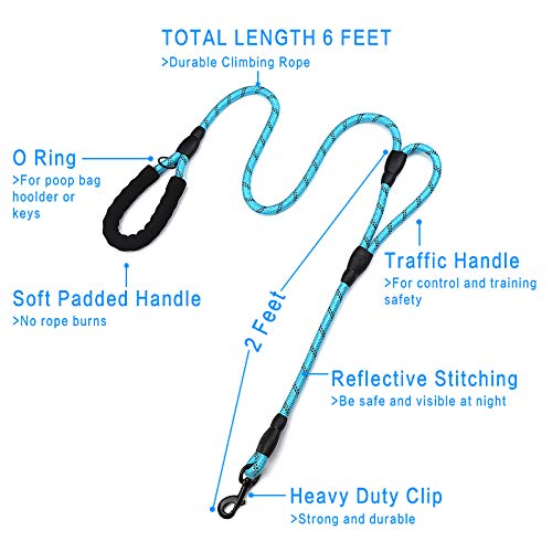 PLUTUS PET 6ft Heavy Duty Rope Dog Leash with Dual Reflective Handles - Traffic Padded, Light Blue for Large/Medium Dogs