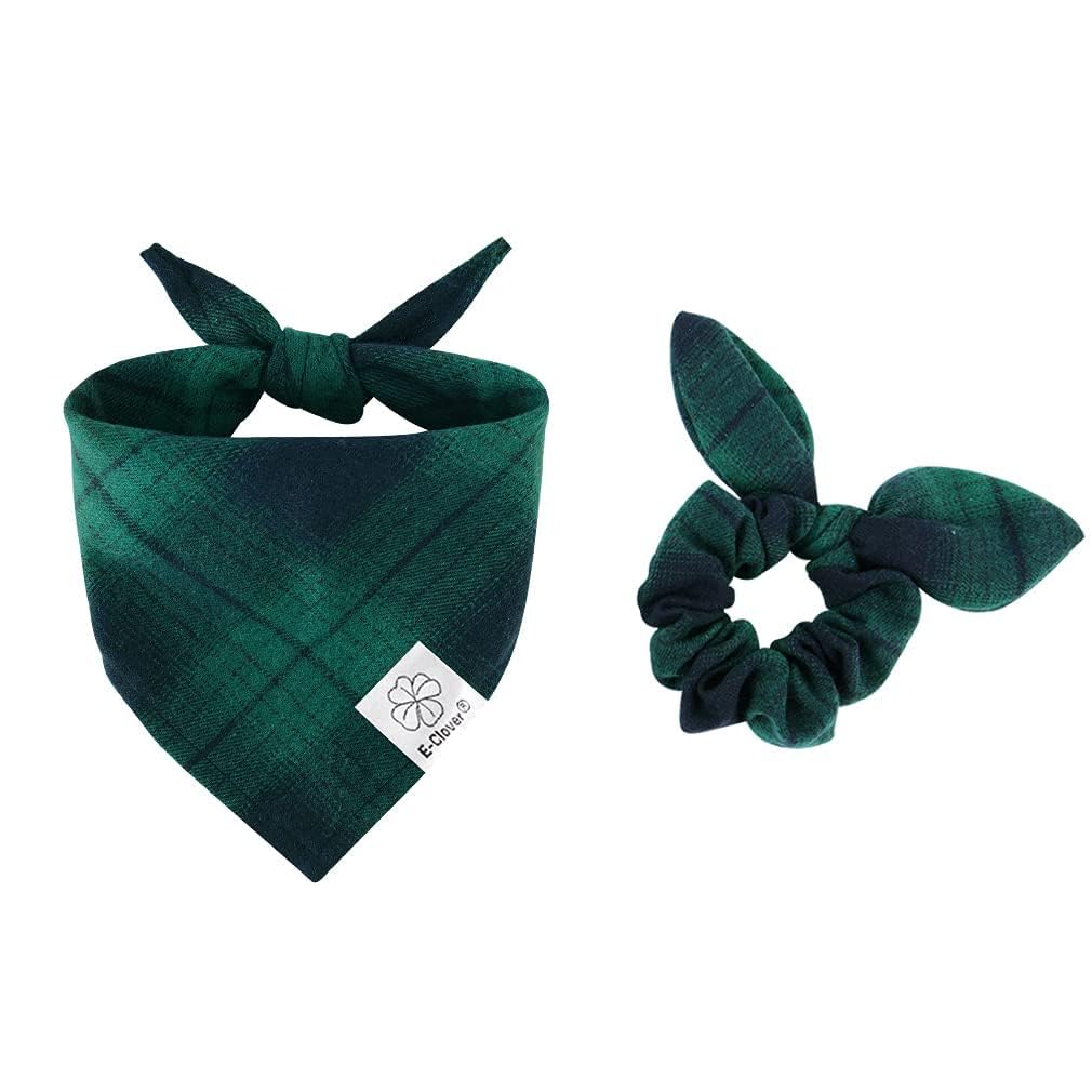 E-Clover Spring Dog Bandanas & Matching Scrunchie Set Plaid Dog Bibs Scarf Boy Triangle Kerchief Bandana For Small Dogs Puppy Bi