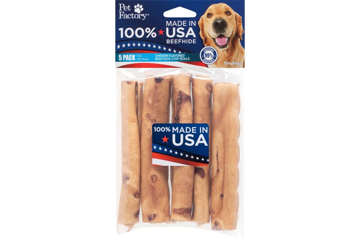 Pet Factory 100% Made in USA Beefhide 5 Chip Rolls Dog Chew Treats - Chicken Flavor, 5 Count/1 Pack