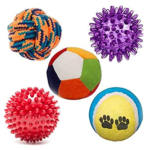 Pups&Pets Puppy Ball 5 In 1 Combo  Rattle Ball | Tennis Ball | Squeaky Led Ball | Spike Red Hard Ball | Cotton Ball  For Small