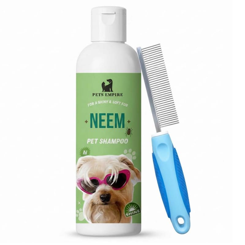 Pets Empire Neem Shampoo 200Ml With Steel Needle Comb - Dog Grooming Rake For Shedding & Sensitive Skin | Combo Pack Of 2