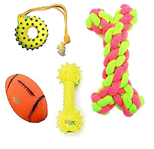 Psk Pet Mart Squeaky, Chew Teether Toys For Puppy & Small Dog  Rugby Ball, Spiked Ring, Rope Cotton Bone, Spiked Tpr Dumbbell 
