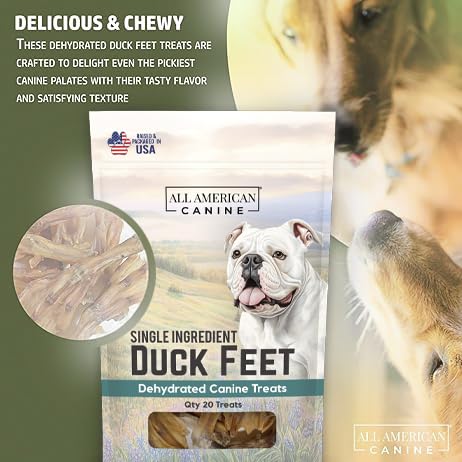 All American Canine Natural Duck Feet Dog Treats, 20 Count - Dehydrated, Low-Fat, High-Protein Chew for Joint Support & Dental Health