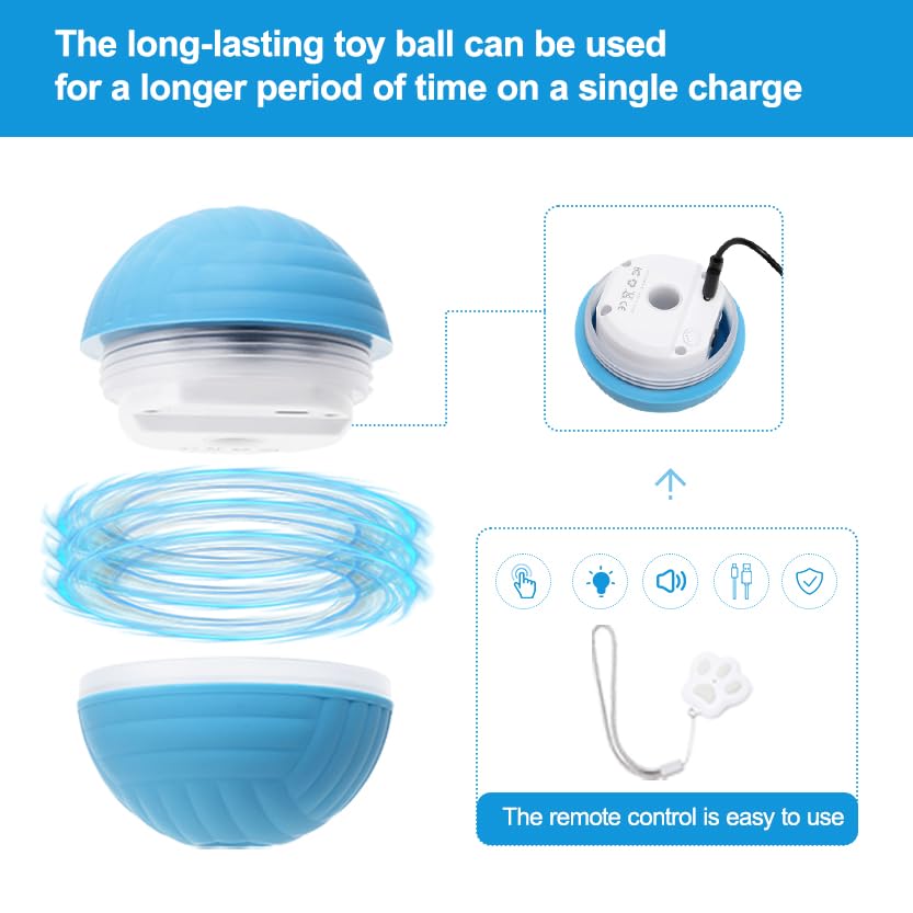 Petmolico Electric Dog Balls - Motion Activate Rolling Ball Toys For Puppy - Interactive Dog Toys For Boredom(Blue,Remote Contro