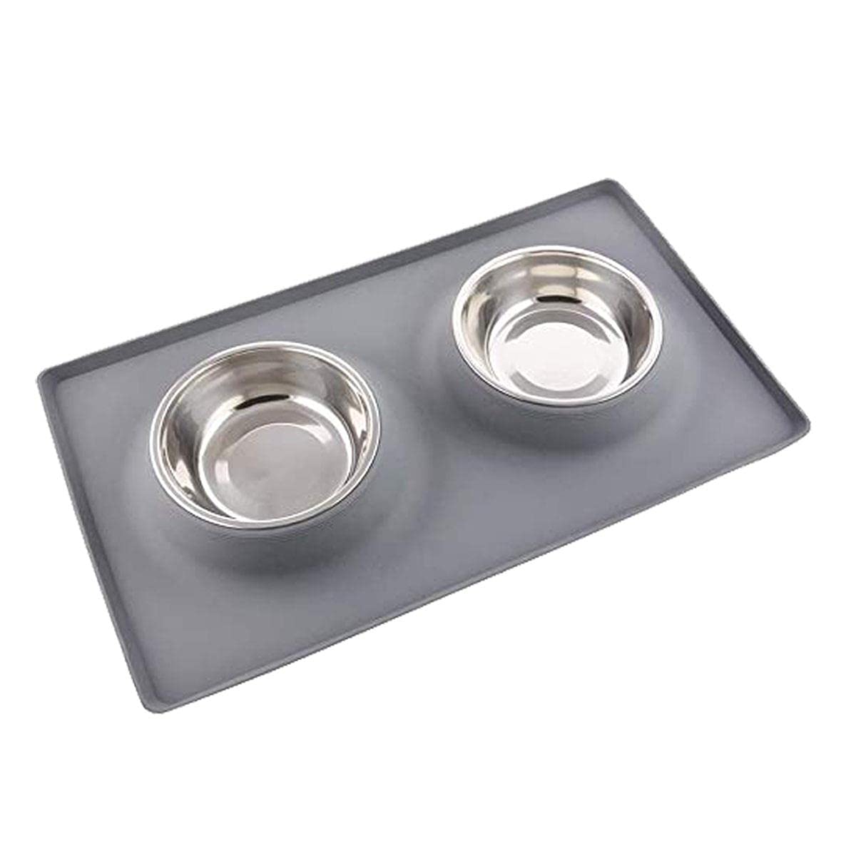 Black Dog Rectangle Silicone Double Stainless Steel Dinner Food Feeder Bowl With No Spill NonSkid Paw Print Mat For Puppies, Do