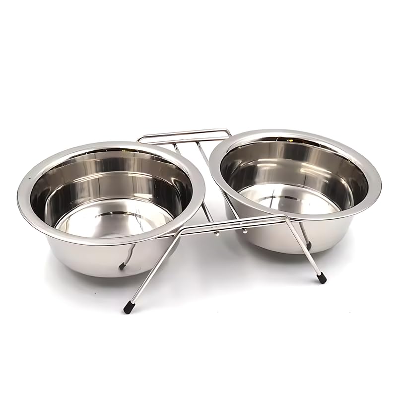 Pets Empire Stainless Steel Dog Cat Double Diner Pet Bowl, 2 Pet Dishes Package Set For Drinking Or Eating Dog Bowl, 1 Piece (Me