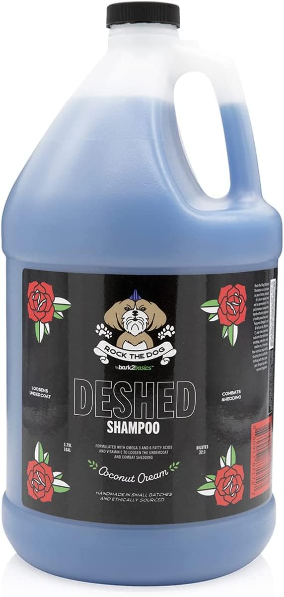 Bark2Basics Rock the Dog DeShedding Pet Shampoo, 1 Gallon - Reduces Shedding and Excessive Hair, Removes Undercoat, Vitamin Infu