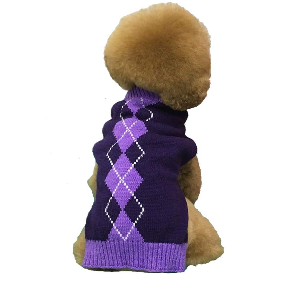 Argyle Knit Pet Sweaters Clothes For Small Dogs, Classic Purple Medium M Size