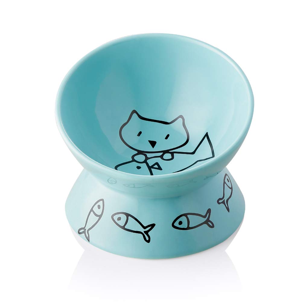 Sweejar Raised Cat Bowl for Dry Wet Cat Food, Ceramic Elevated Pet Bowl Cat Dish, Protect Cat s Spine, Stress Free, Slanted Des