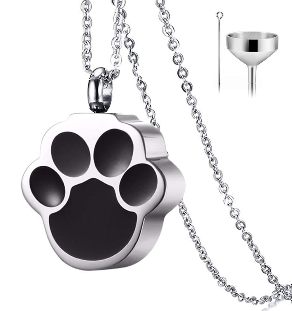 Qumy Pet Cat Dog Paw Print Cremation Jewelry For Ashes Wearable Urn Necklace Keepsake Memorial Pendant For Women Men, With Stainless Chain And Funnel Fill Kits (Women)