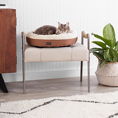 Amazon Basics Round Bolster Pet Bed for Dog or Cat with Flannel Top, 20.0 L x 20.0 W x 8.0 Th, Brown and Ivory