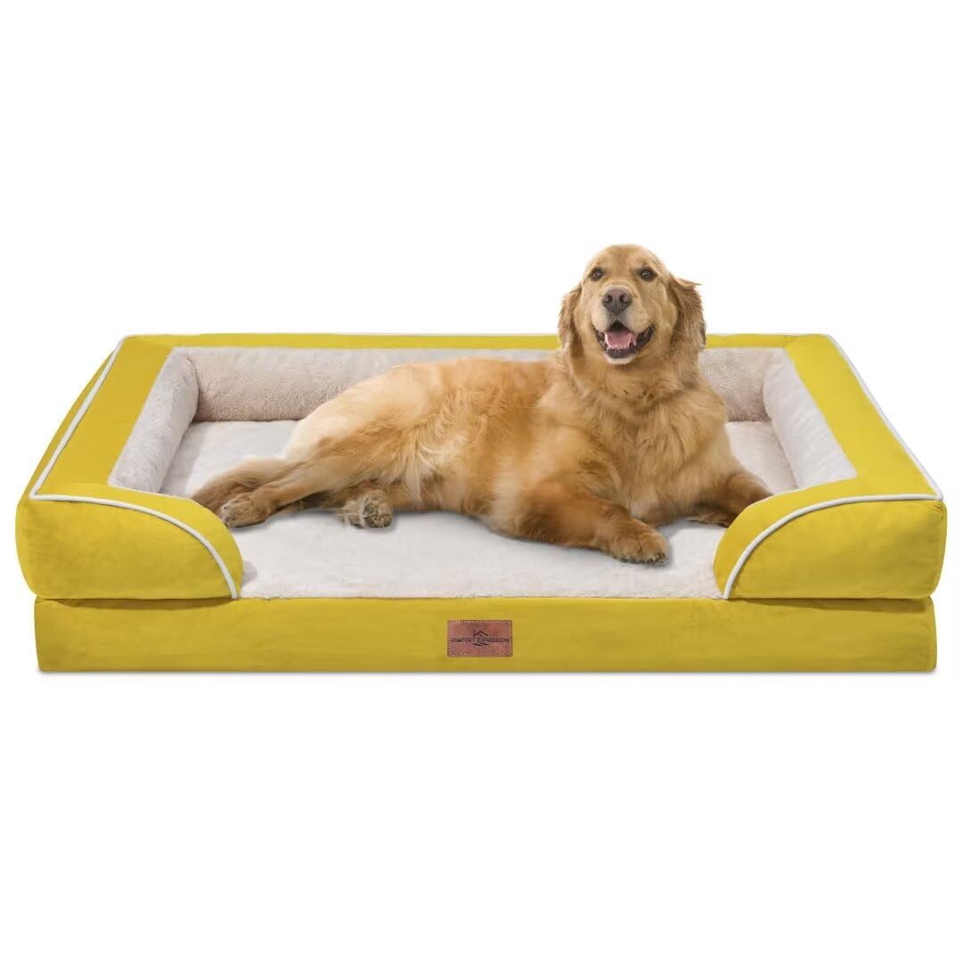 Comfort Expression Orthopedic Xl Dog Beds, Waterproof Extra Large Dog Bed With Bolster, Washable Dog Bed Sofa With Removable Cover & Non-Slip Bottom(X-Large,Spicy Mustard)