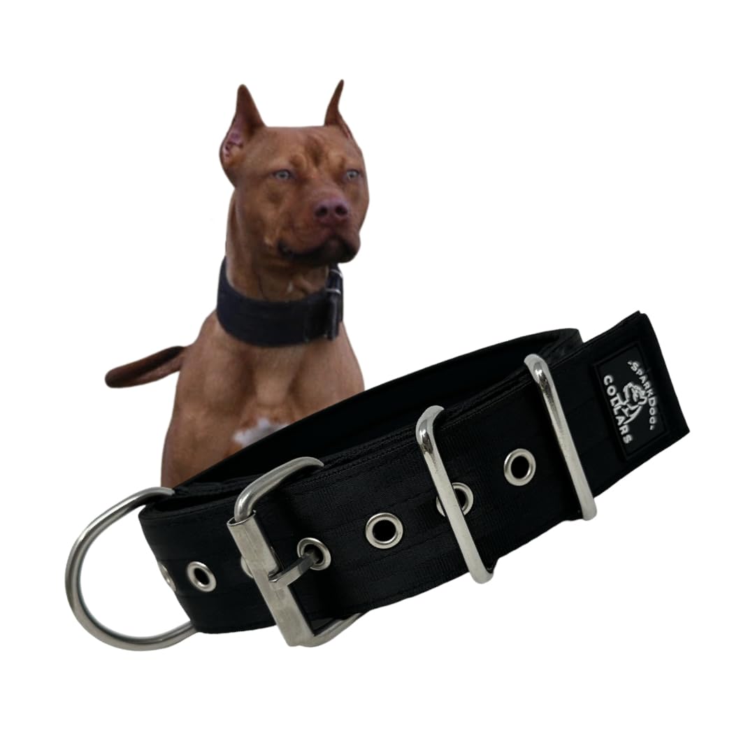 Sparkdog Collars Working Dog Collar - 2'' 4Ply Padded Heavy Duty Stainless Steel Tactical Seatbelt Wide Buckle Collar (Black, La