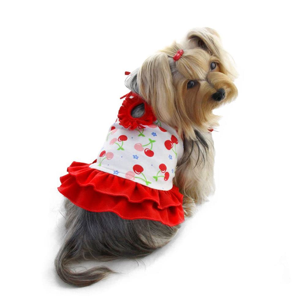 Klippo Cherries Sundress/Picnic Dress Made With Soft Knit Cotton; Adjustable Shoulder Straps For Small Dog/Puppy - M