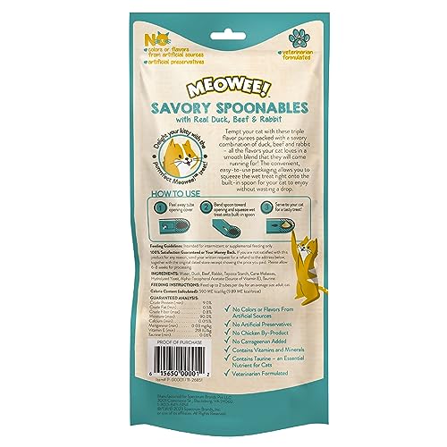 MEOWEE! Savory Spoonables with Real Duck, Beef & Rabbit, 4 Count Tube, Triple Flavor Squeezable Lickable Wet Treats for Cats wit
