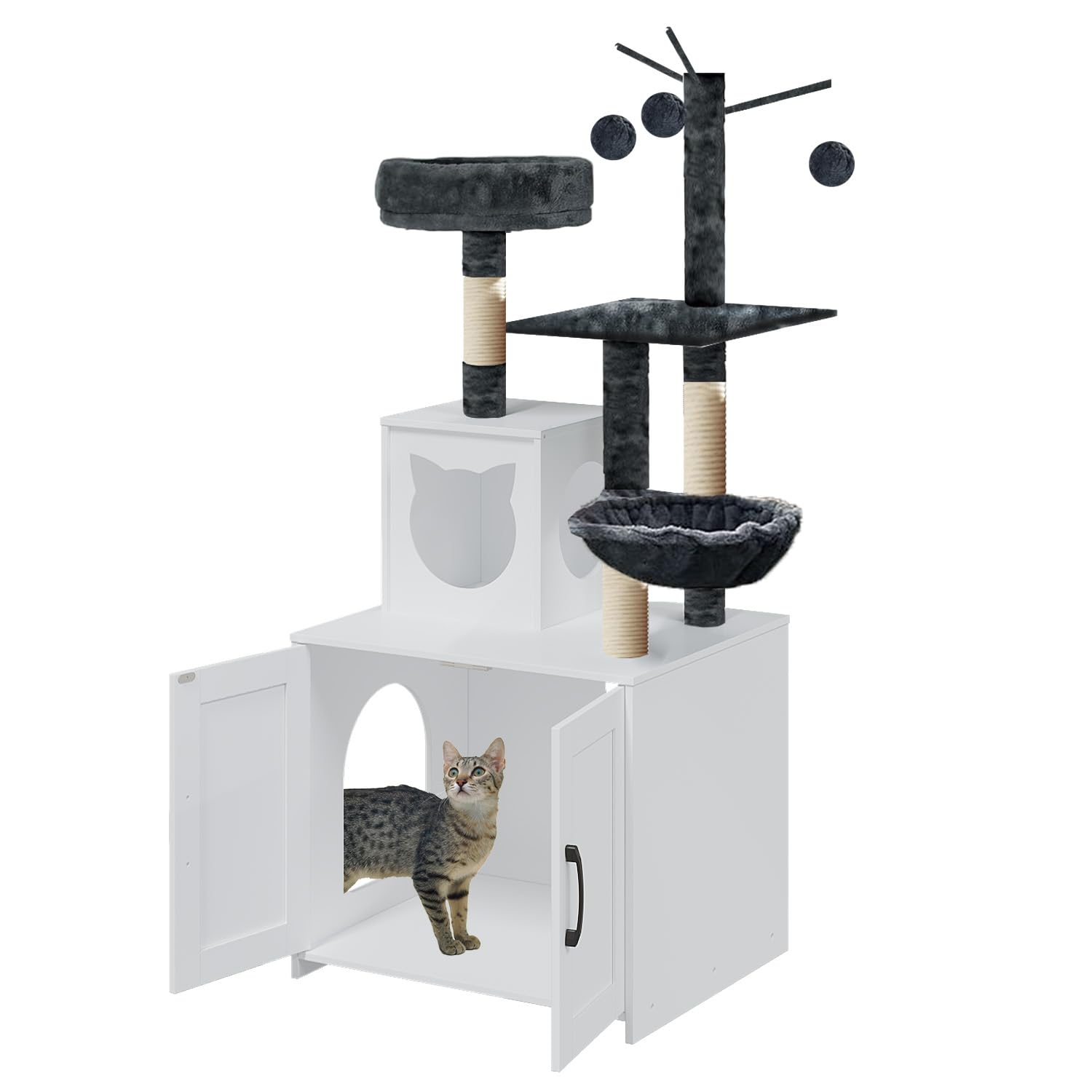 Cat Tree with Litter Box, Wood Litter Box Enclosure with Food Station, Modern Cat Tower for Indoor Large Cats with Large Platfor