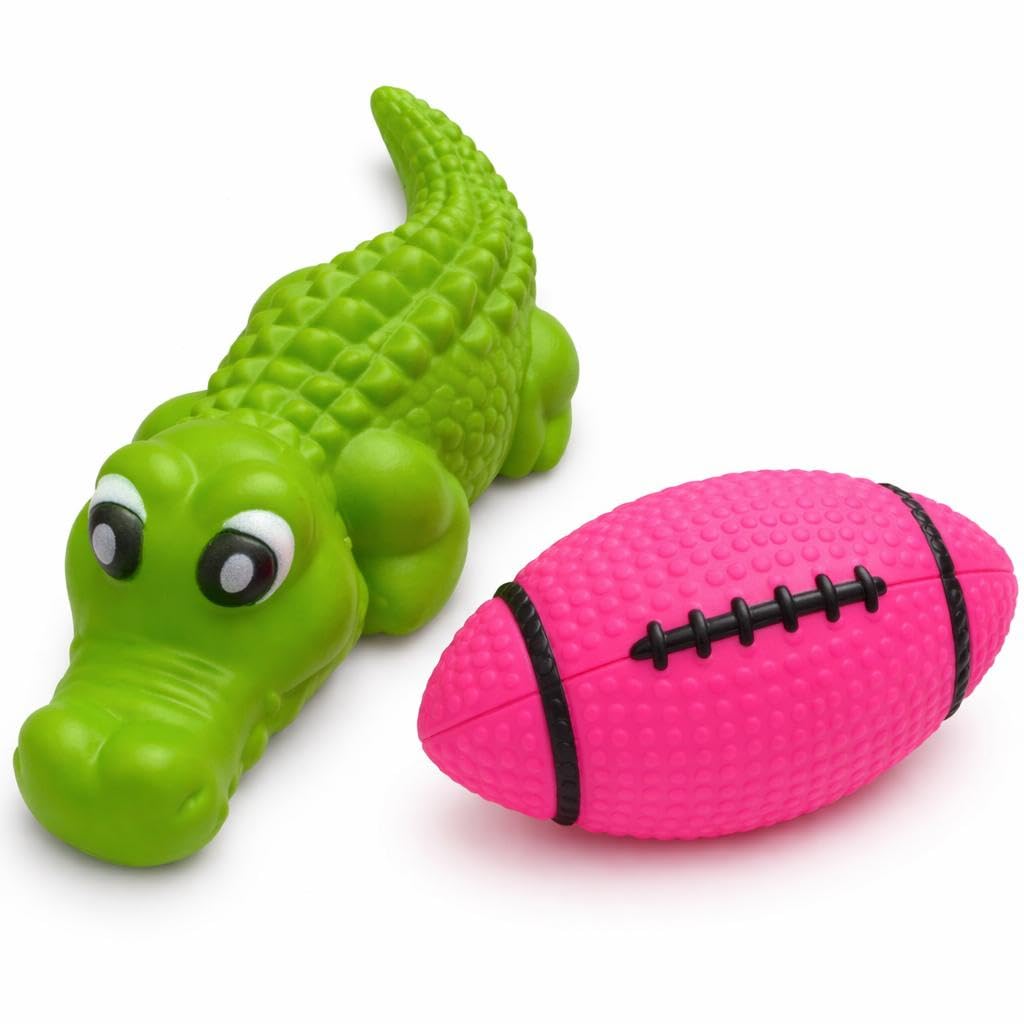 WAGGYTAILS Squeaky Dog Toy Combo (Made in U.S.A) Crocodile & Rugby Ball Pink | Chew Toys for Dogs | Durable Rubber, NonToxic | 