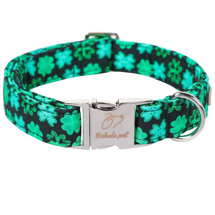 Babole Pet St Patricks Day Dog Collar, Neon Green Shamrock Pet Collar With Metal Buckel, Durable Adjustable Holiday Dog Collars 