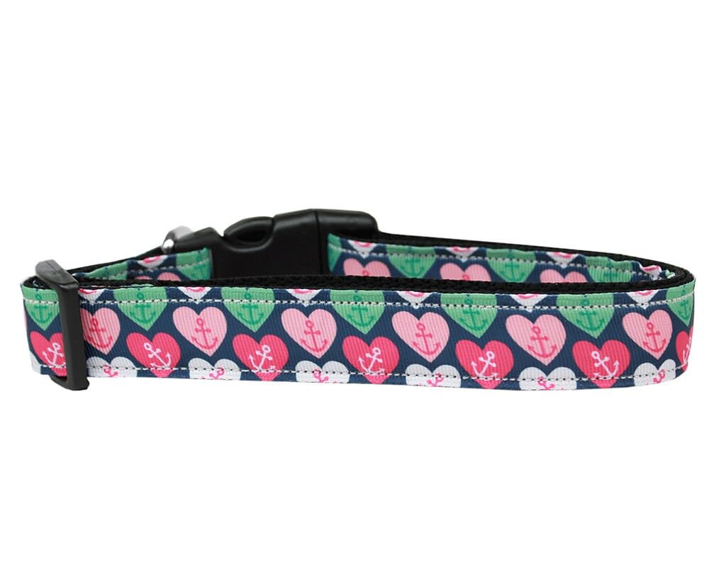 Pet Dog & Cat Nylon Collar or Leash, "Anchor Candy Hearts" XL Collar