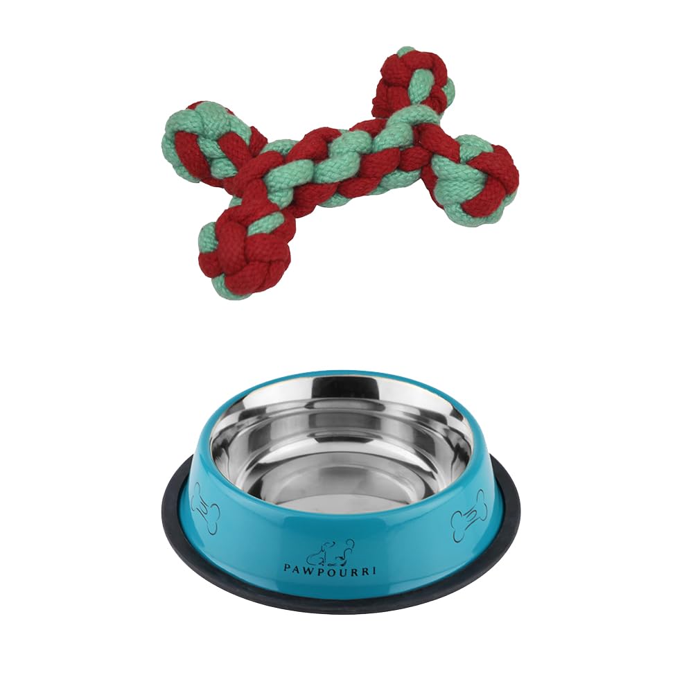 Pawpourri AntiSkid Bowl, Stainless Steel Bowl, Washable Bowl Stainless Steel Pet Bowl (700Ml Blue Bowl & Toy)