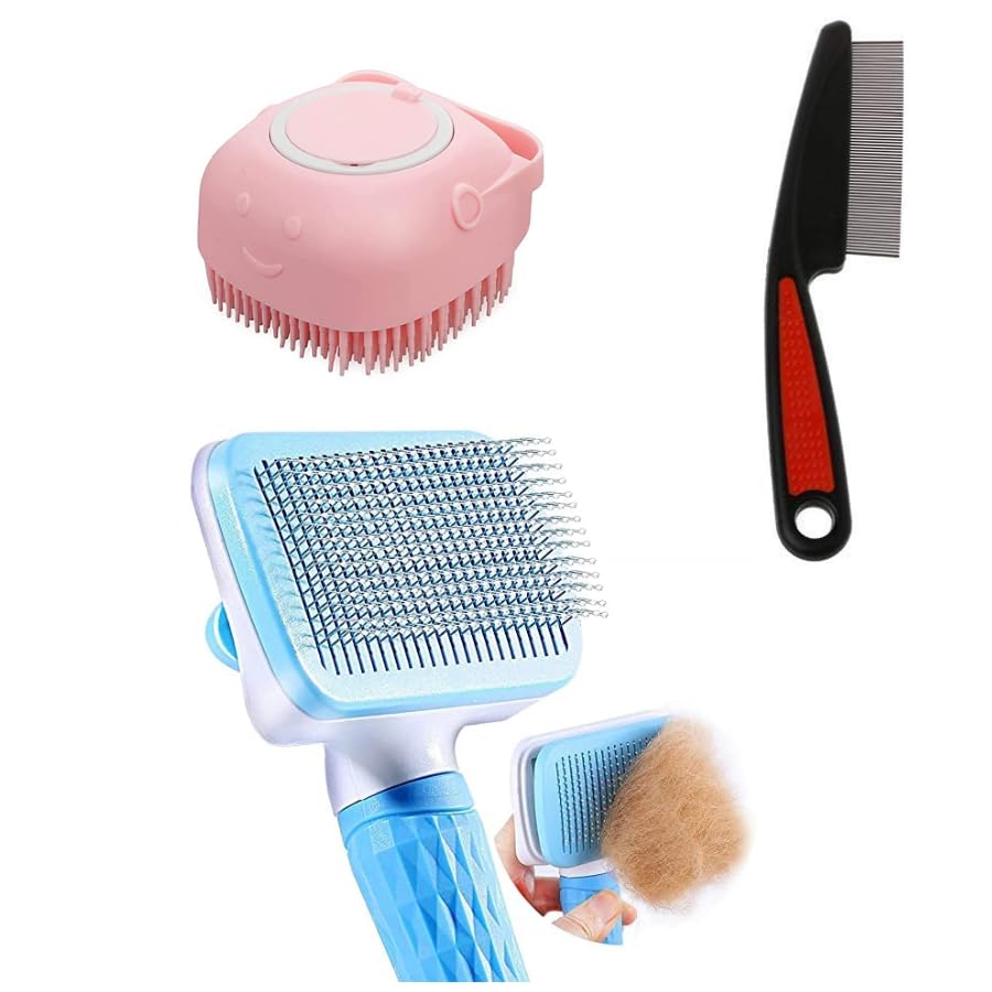 Kittupet 3 Combo Pack Grooming Kit For Dogs Shamboo Dispenser + Flea Comb And Slicker Brush For Dogs (Pack Of 3 Pcs) Color May V