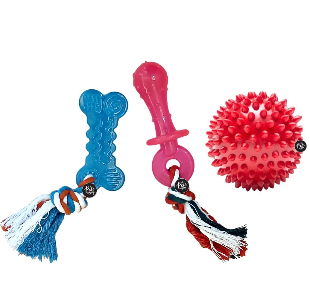 The Pets Company Pacifier, Dog Bone & Spike Ball Puppy Chew Teething Toy Combo Of 3 For Playing And Teeth Cleaning Training