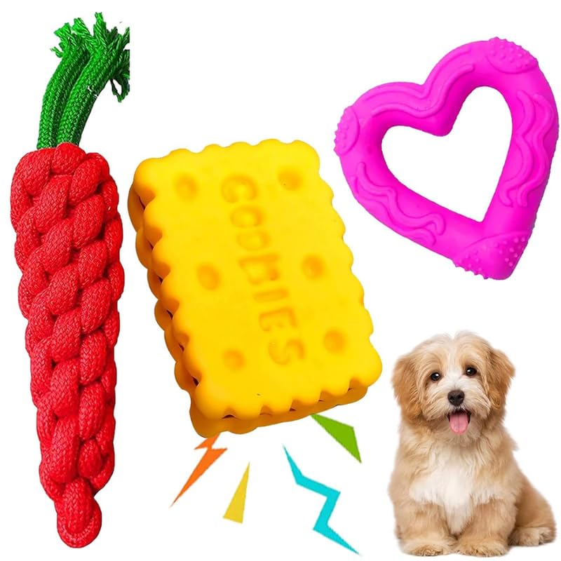 Dog Trust Combo Of 4 Soft Latex Rubber Interactive Squeaky Toys For Small Puppy Shoes, Cookie, Cute Hedgehog, Star Fish