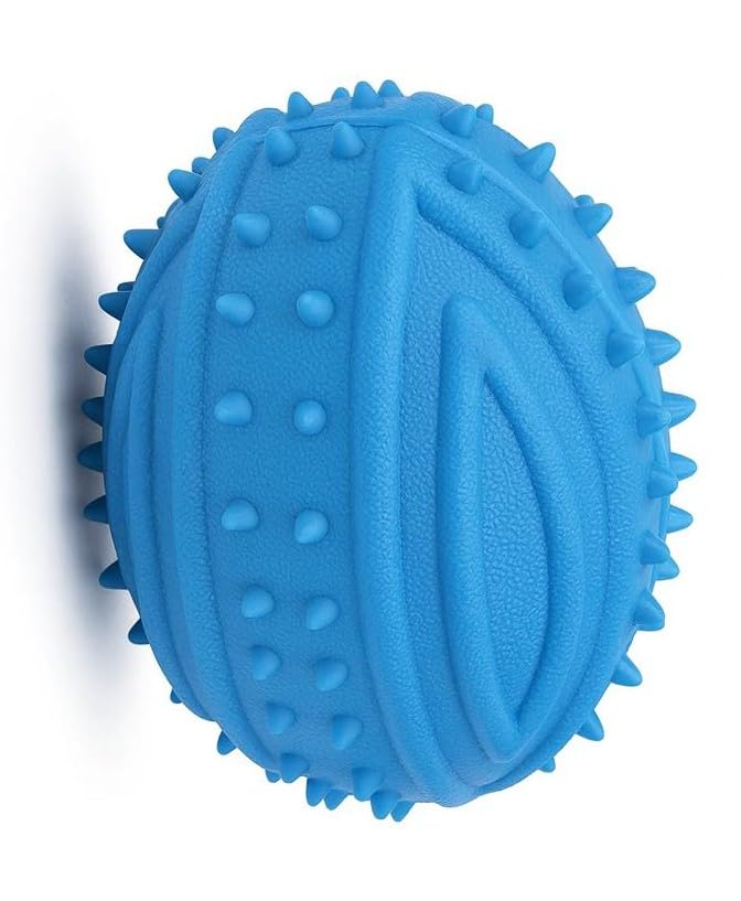 WAGGYTAILS Durable Ocean Blue Squeaky Dog Ball (Made in U.K) Spiked Rubber Chew Ball for Dental Cleaning, Interactive Fetch & Te