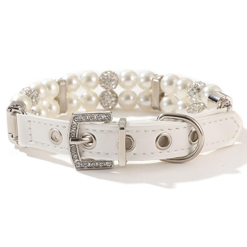 White Pearl Dog Collars For Small Dogs, Fancy Crystal Bling Pearl Cat Collar Rhinestone Luxury Beaded Puppy Necklace Diamond Gir