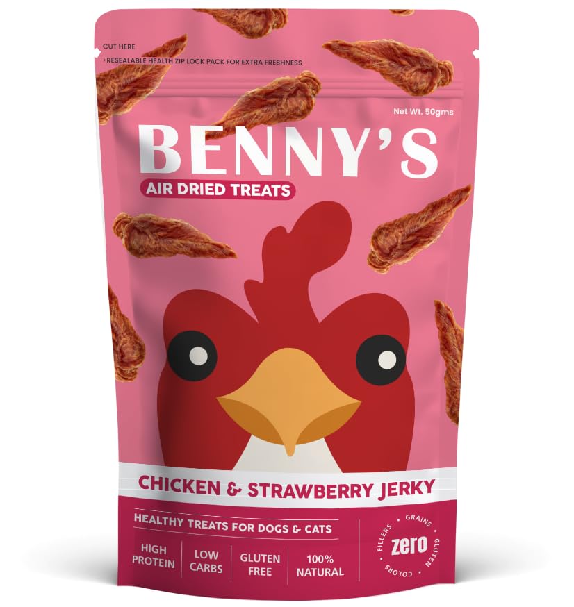 BennyS Bowl AirDried Dog Treats  Chicken & Strawberry Jerky | 100% Natural, High Protein, GlutenFree | Soft & Chewy Treats Fo